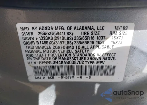 2010 Honda Odyssey Ex z USA, uszkodzony, nr VIN 5FNRL3H48AB038702